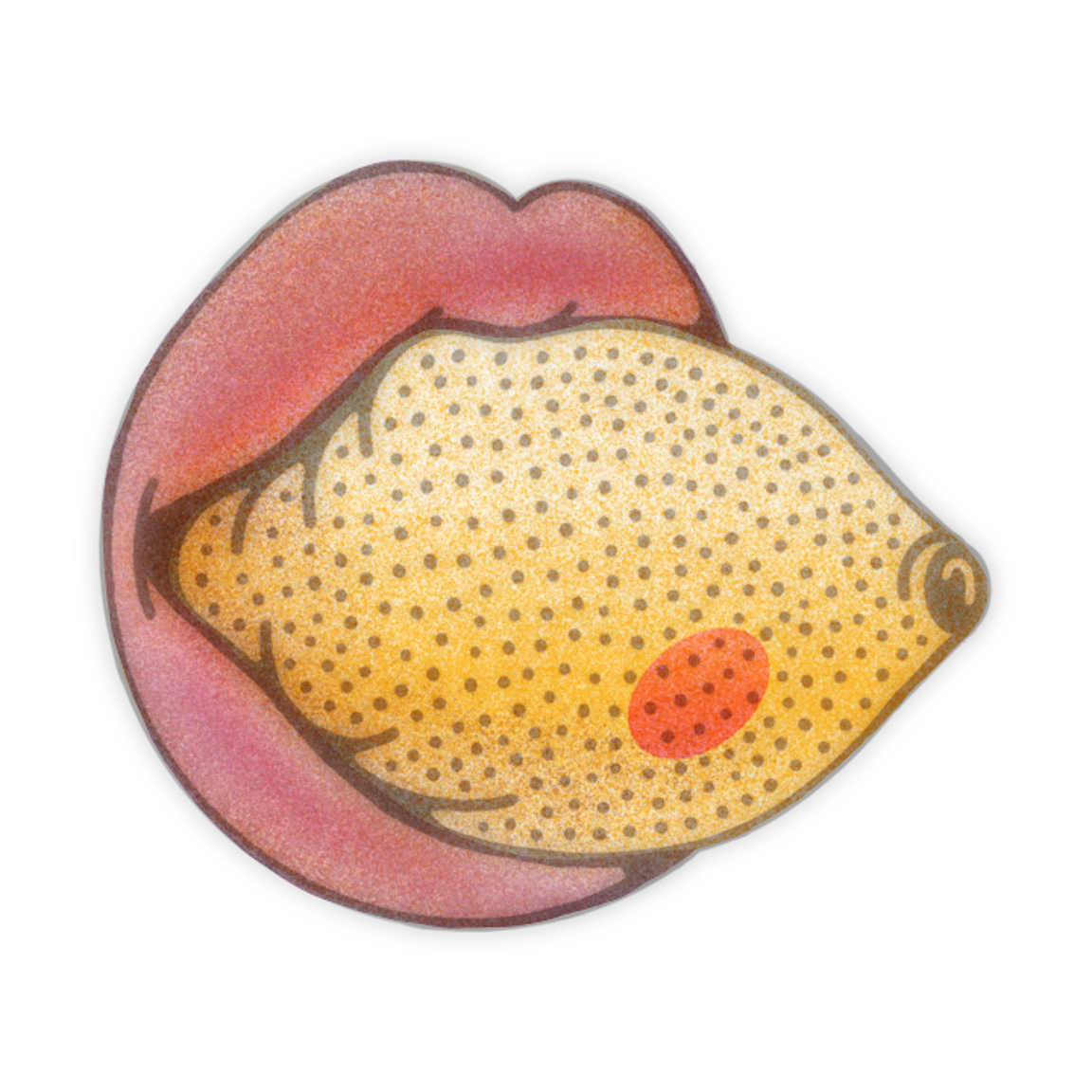 An illustration of a full lemon being held in someone's mouth.